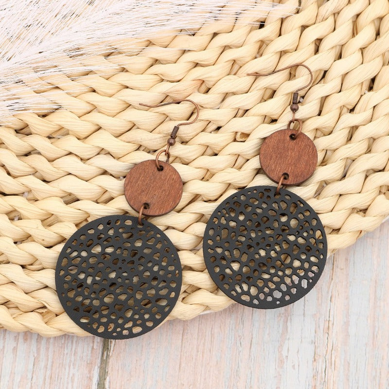 Wholesale Hollow Wood Piece Combination Leather Round Mesh Earrings